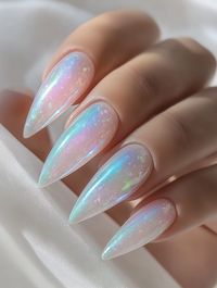 Transform your nails into shimmering works of art with this iridescent opal design. Featuring a translucent base layered with opalescent hues and delicate shimmer, this style mimics the beauty of precious gemstones. Perfect for a glamorous yet sophisticated look.    **Steps to Create the Look:**   1. Apply a sheer milky base coat to all nails.   2. Layer a translucent shimmer polish with hints of pink, blue, and green for the opal effect.   3. Use a fine brush to add subtle white veining for a realistic gemstone appearance (optional).   4. Finish with a glossy topcoat to enhance the shine and depth.    **Tagged:**   #OpalNails   #IridescentBeauty   #GemstoneNailArt   #ElegantNailDesign