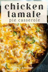 Cornbread? Tamales? Why can't you have both? This easy Chicken Tamale Pie makes any weeknight dinner a fan-favorite. With a cornbread base, a rotisserie chicken and enchilada sauce, you'll only need one pot for this recipe! #tamalepie #weeknightdinner #chicken #easydinner