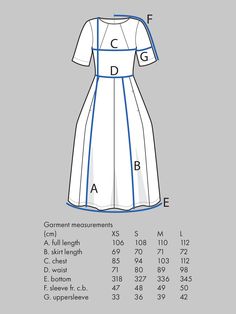 the front and back view of a women's dress, with measurements for each piece