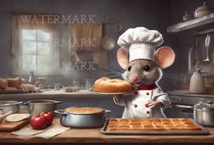 a mouse in a chef's hat holding a loaf of bread on a table