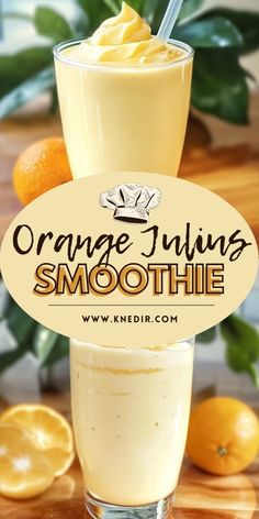 an orange juice smoothie in a tall glass with the words orange juicing smoothie above it