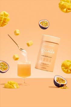 collagen is being poured into a glass next to sliced mangoes