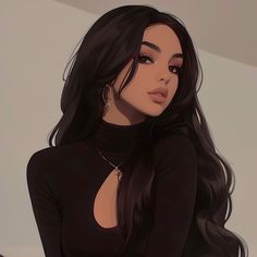 a drawing of a woman with long black hair wearing a turtle neck top and earrings