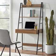 a laptop computer sitting on top of a wooden desk next to a cactus and bookshelf