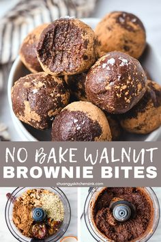 no bake walnut brownie bites in a food processor with the words, no bake walnut brownie bites