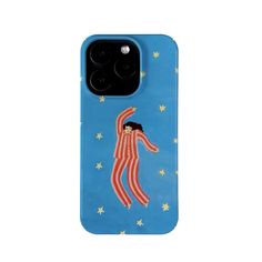 a blue phone case with an image of a woman in the sky and stars on it