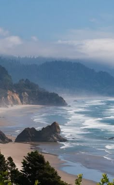 the beach is surrounded by large rocks and trees, with fog in the sky above