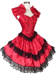 Western Saloon, Womens Costume, Red Prom, Retro Clothing, Full Circle Skirts, Red Sequin, Prom Party, Scalloped Lace, Old West