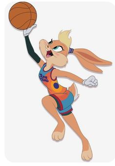 a cartoon character holding a basketball in one hand and pointing at the ball with both hands