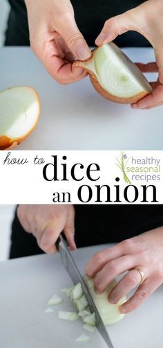 a person cutting an onion on top of a white table with the title how to dice an onion