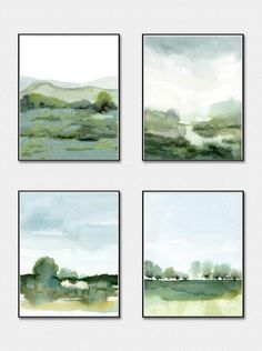 four watercolor paintings with trees in the background