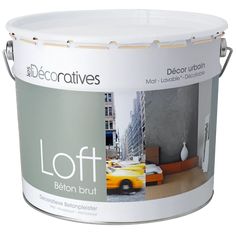 a white paint can with the words loft painted on it's front and side