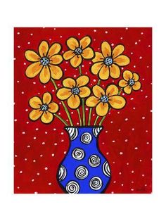 a painting of yellow flowers in a blue vase