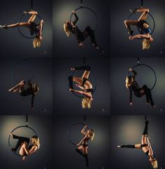 a woman is doing aerial tricks on a hoop