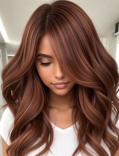 Chocolate Copper Hair Styles | Hairstyles #balayagehairideas Chocolate Copper Hair, Deep Red Hair Color, Icy Blonde Hair Color, Winter Hair Color Trends, Winter Hair Colors, Amber Hair, Rambut Brunette, Icy Blonde Hair, Dark Brunette Hair