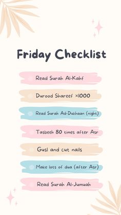 the text reads friday checklist in different colors and sizes, with an image of palm leaves