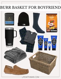 a bunch of items that are on top of a white background with the words bur basket for boyfriend