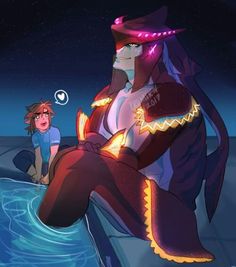 an animated image of a woman sitting on the edge of a body of water at night