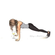 a drawing of a woman doing push ups with a glass of wine in her hand