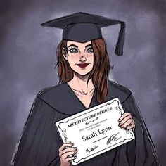 a drawing of a woman in graduation gown holding up a fake chequed diploma