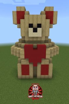 a teddy bear made out of legos in a field with grass and blue sky