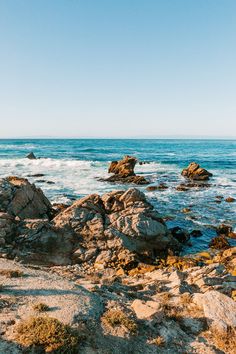 the ocean with rocks and grass in front of it