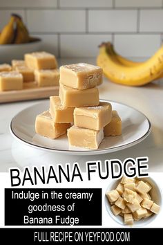 banana fudge on a white plate with bananas in the background and text overlay