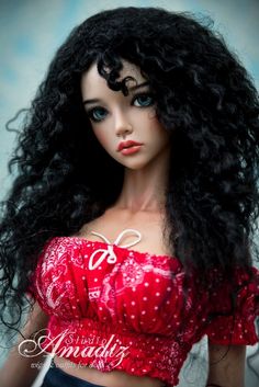 a doll with long black hair wearing a red top