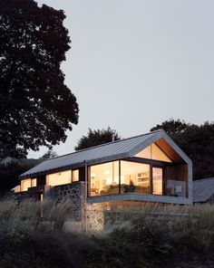 the house is surrounded by tall grass and trees, with its windows lit up at night