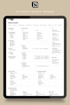 the ultimate finance tracker is displayed on an ipad screen, with text overlaying it