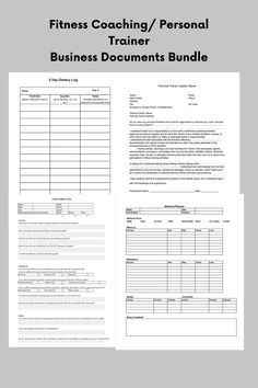 the fitness coaching / personal trainer business documents bundle is shown in black and white, on a gray background