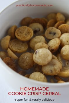 homemade cookie crisp cereal in a white bowl with text overlay that reads, homemade cookie crisp cereal super fun and totally delicious