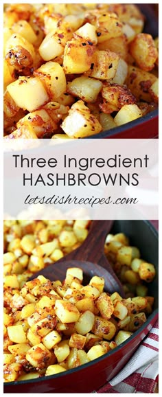 three ingredient hashbrowns in a skillet with text overlay