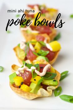 mini ahi tuna poke bowls with colorful toppings on a white plate and text overlay