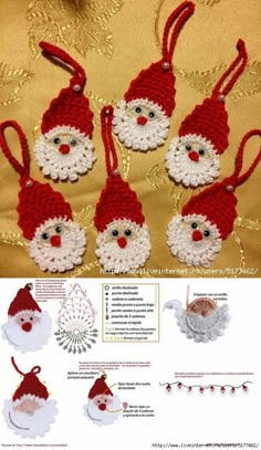 four crocheted santa claus ornaments hanging on a gold fabric background with white and red trim