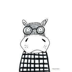 a black and white drawing of a hippopotamus wearing a checkered skirt