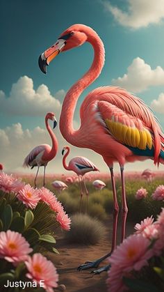 two flamingos standing in the middle of pink flowers