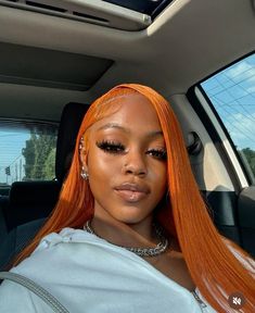 Orange Ginger Wigs For Black Women, Copper Hair Styles Black Women, Ginger Middle Part Wig Straight, Orange Side Part Wig, Fall Frontal Wig Hairstyles, Copper Protective Styles, Burnt Ginger Hair, Dark Skin With Colored Wig, Orange Wig On Dark Skin