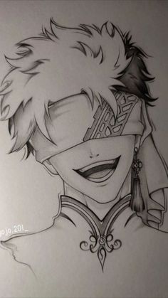 a drawing of an anime character with his eyes closed and hair in the middle of his face