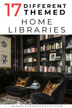 a living room with black furniture and lots of books on the bookcases is featured in this post