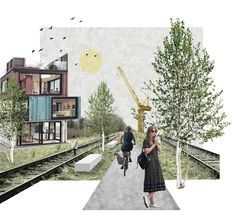 two people are walking on the side of train tracks near buildings with trees and birds flying overhead