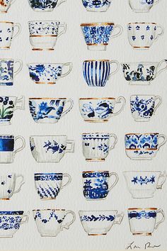 a watercolor painting of blue and white tea cups