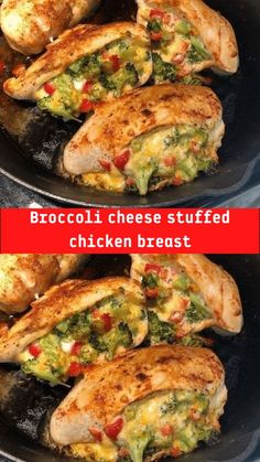 broccoli cheese stuffed chicken breast in a cast iron skillet with the words broccoli cheese stuffed chicken breast