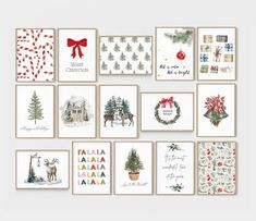 christmas cards are arranged on a white background with red bows and evergreens, pine cones, fir trees, holly wreaths, mistle, snowflakes, santa hat