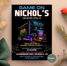 an image of a poster for a game on nicholas's truck party with neon lights