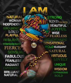 a woman wearing a colorful headdress with words all over her face and the word i am written on it