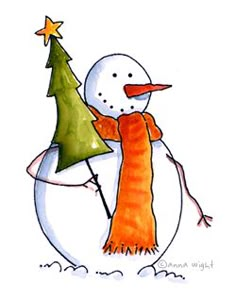 a drawing of a snowman holding a christmas tree