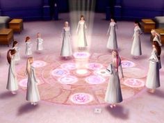 a group of women in white dresses standing around a circle on the floor with lights coming from behind them