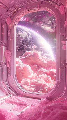 the view from an airplane window shows pink clouds and planets