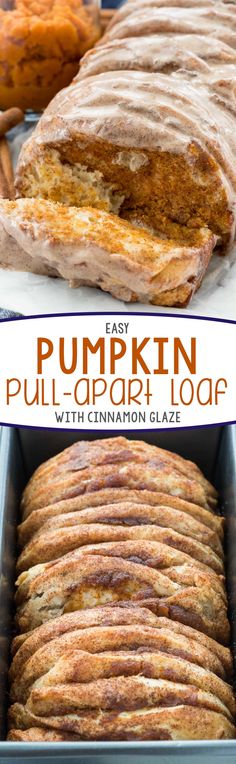 pumpkin pull apart loaf with cinnamon glaze on top and in the bottom, it is cut into slices